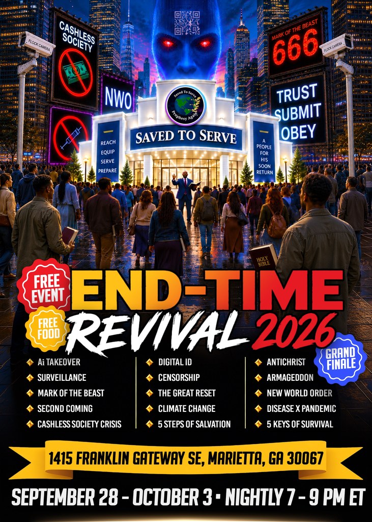 End-Time Revival 2026 flyer: free event, free food, September 28 – October 3, nightly 7–9 PM ET, 1415 Franklin Gateway SE, Marietta, GA 30067