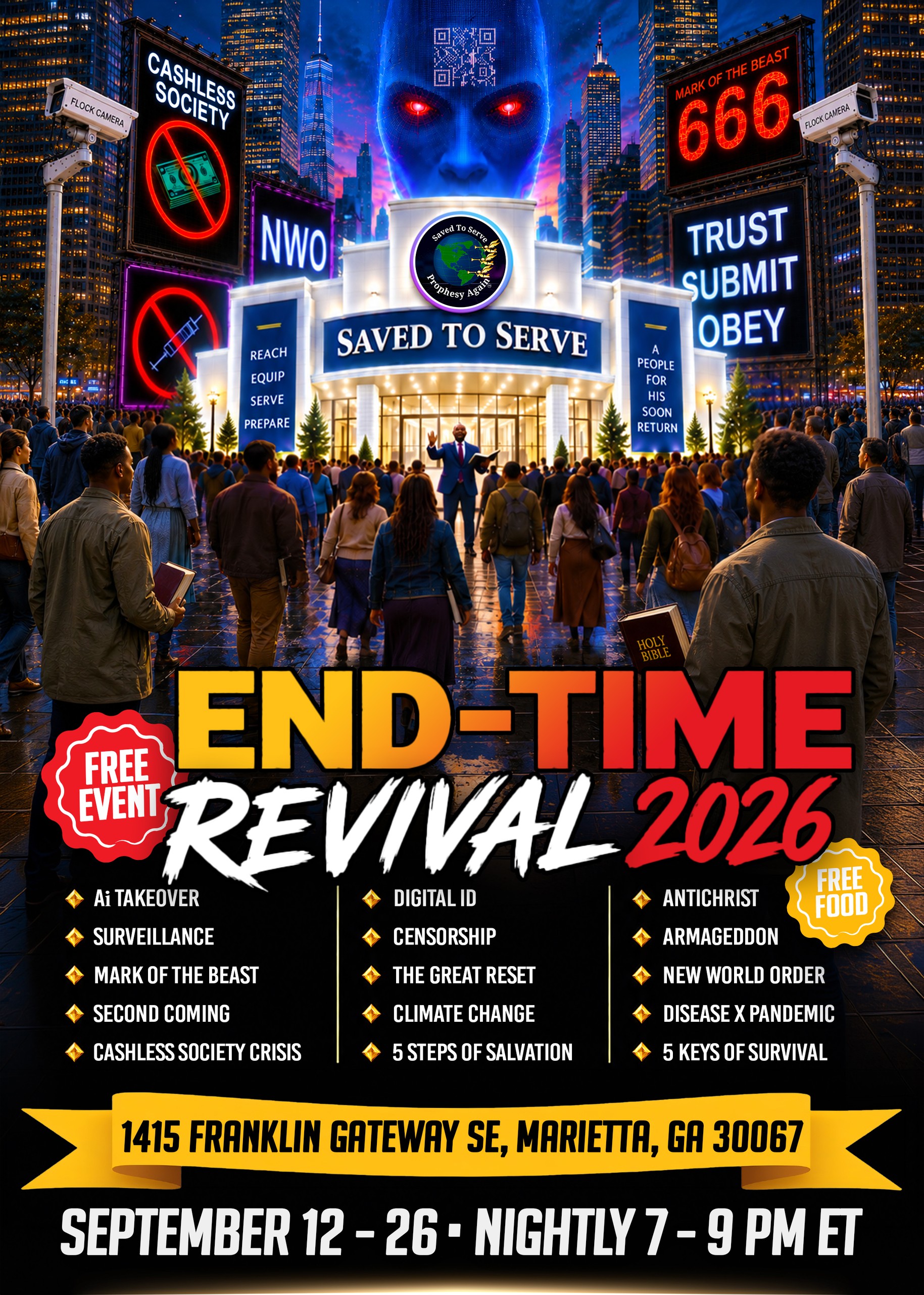 End-Time Tent Revival 2026 flyer: free event, free food, September 12–20, nightly 7–9 PM ET, 1415 Franklin Gateway SE, Marietta, GA 30067
